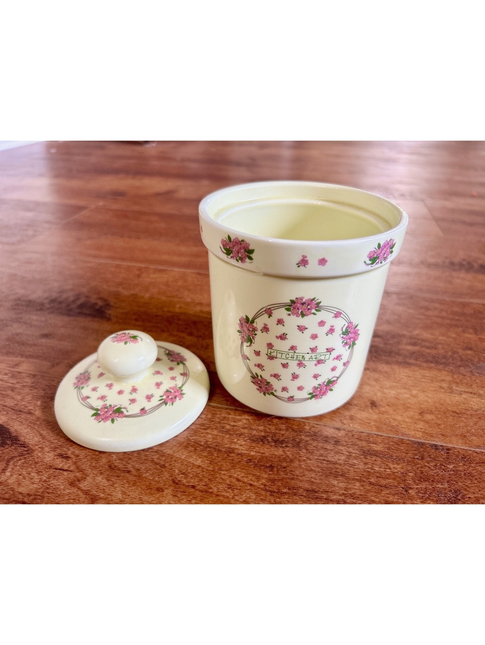 Vintage Kitchen Art Ceramic Canister with Pink Floral Design and Lid